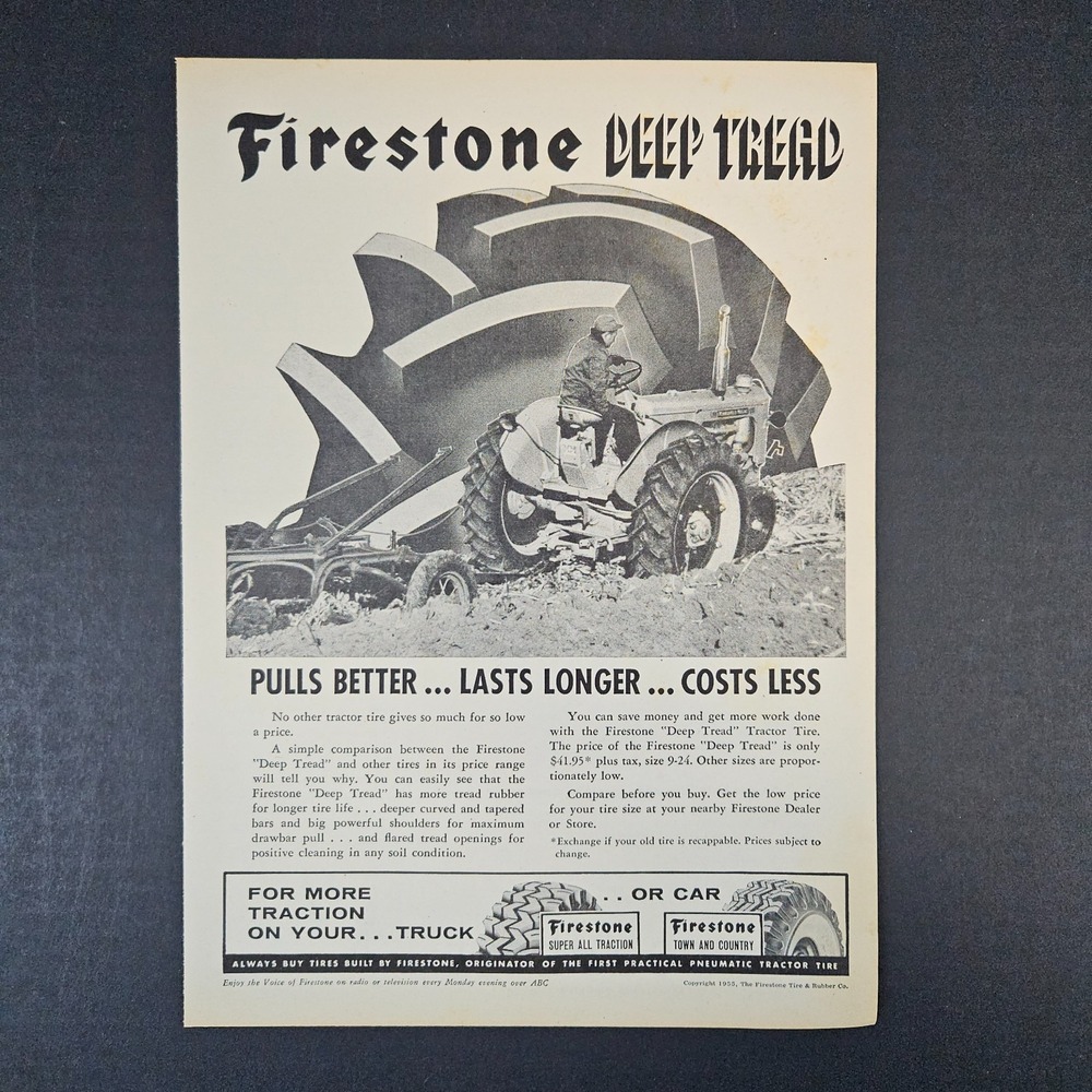 1955 Firestone Deep Tread Tires Truck Car‎ Farm Tractor Vintage Print Ad Rubber